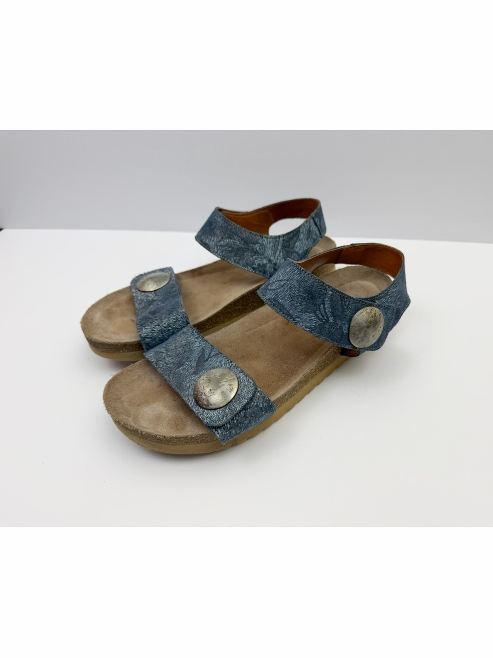 Taos Luckie Blue Floral Leather Strap Cork Footbed Sandals Size 41